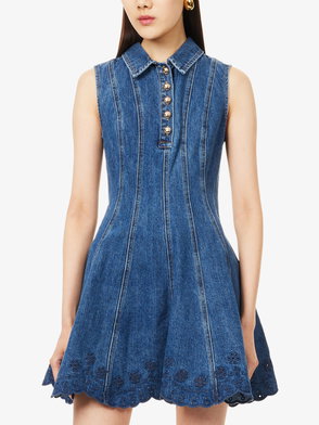 SELF-PORTRAIT Rhinestone-Embellished Sweetheart-Neck Denim Mini Dress |  endource