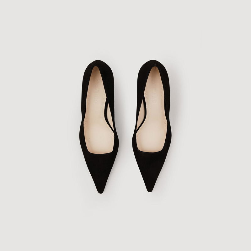 Black suede pumps, angled view