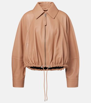 Taupe leather bomber jacket with drawstring waist