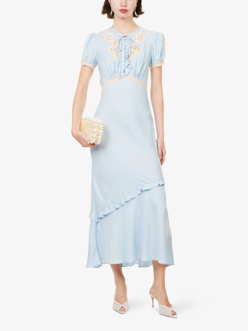 SELF-PORTRAIT Puff-Sleeve Lace-Insert Satin Midi Dress | endource
