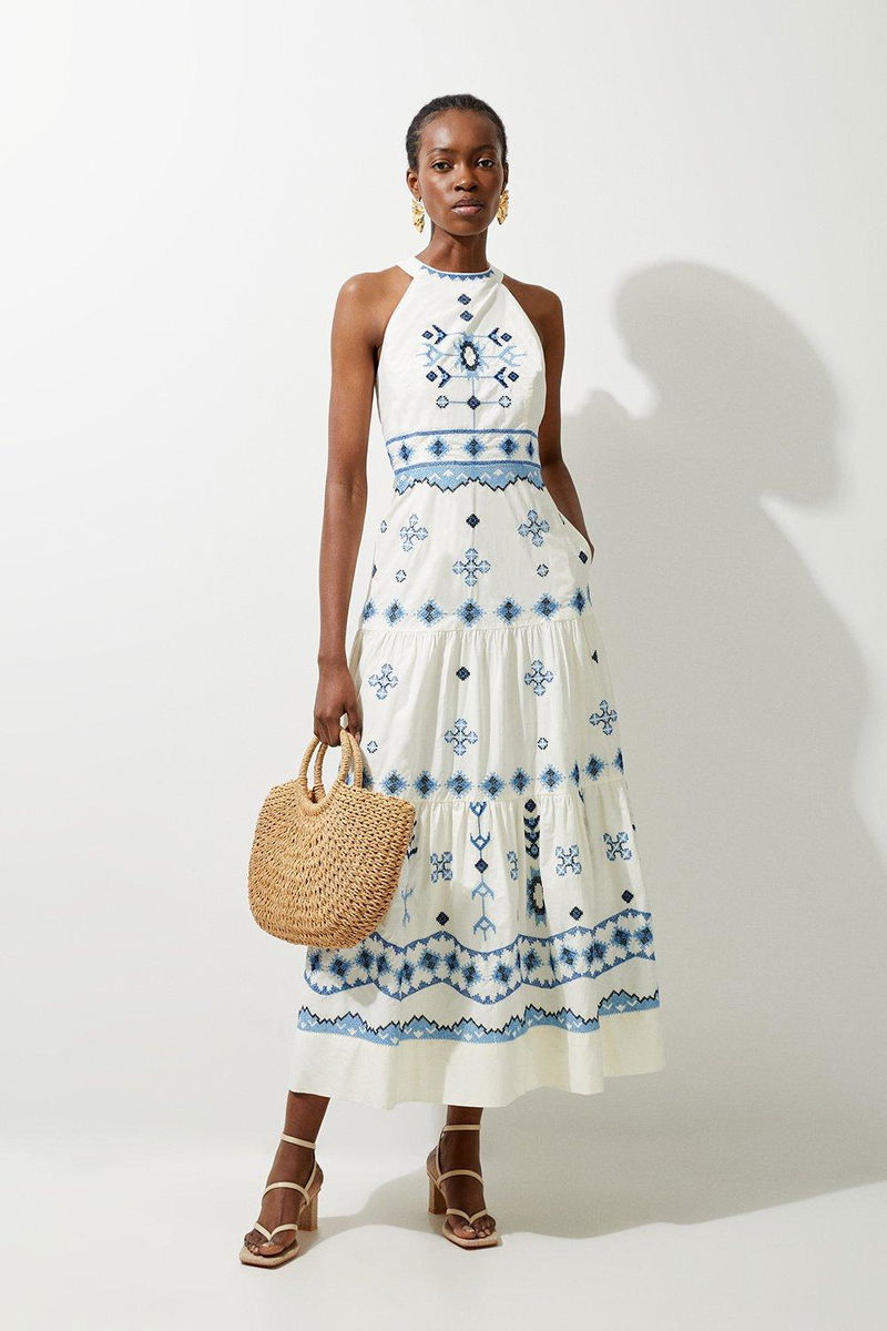 KAREN MILLEN Cotton Embroidered Woven Halter Maxi Dress | endource