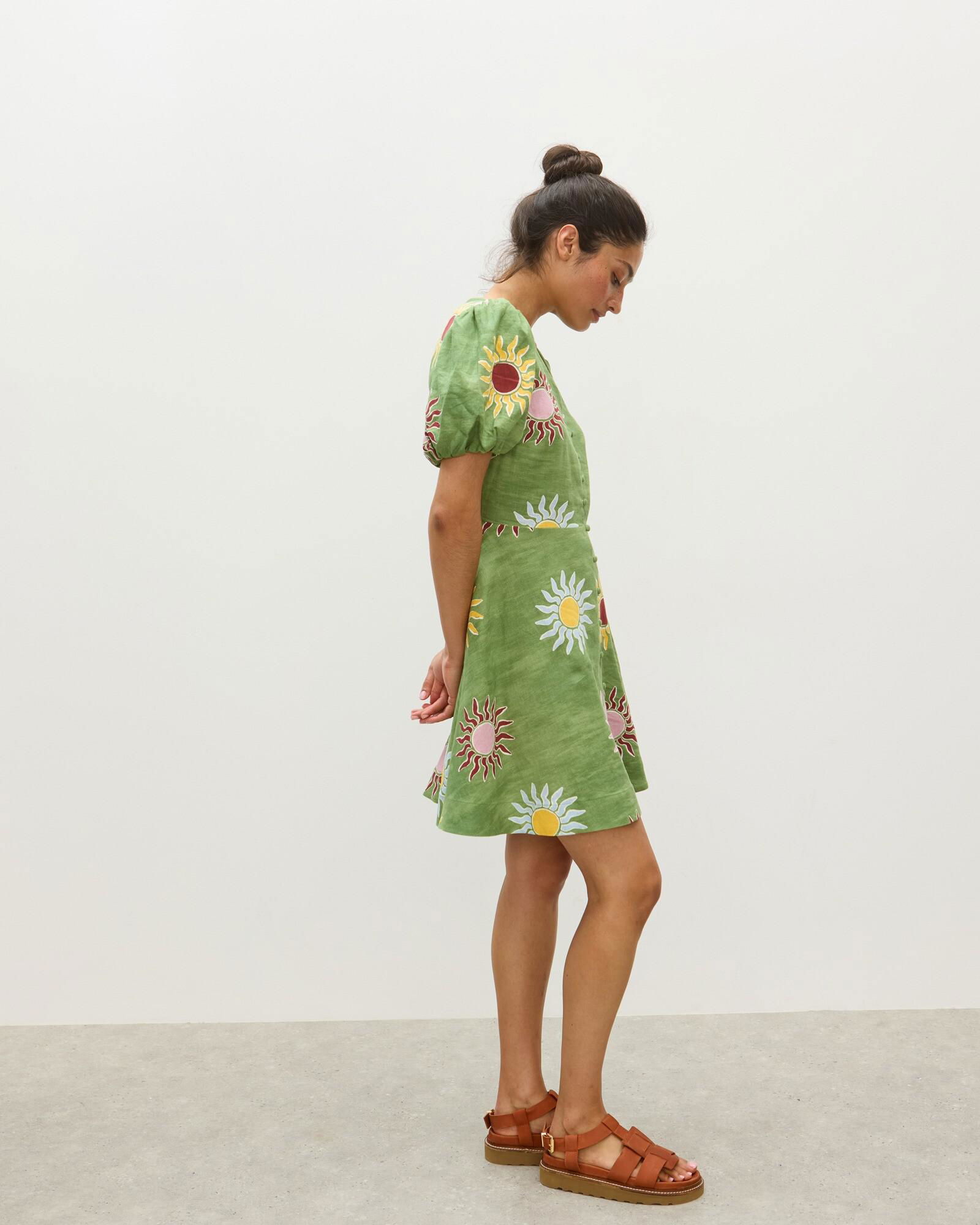 OLIVER BONAS Sun Print Linen Blend V-Neck Mini Dress | endource