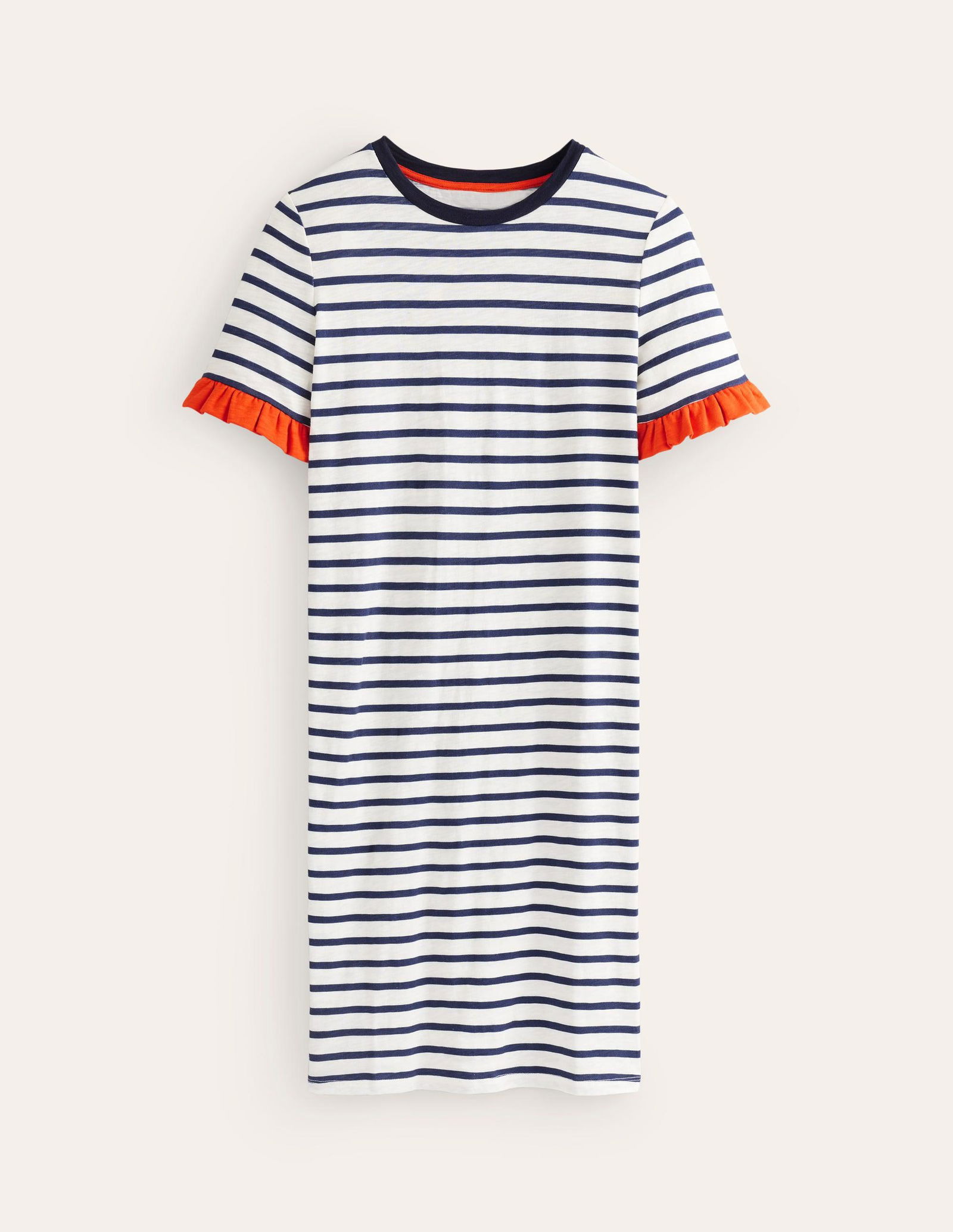 BODEN Emily Ruffle Cotton Dress-Ivory, Navy Stripe | endource