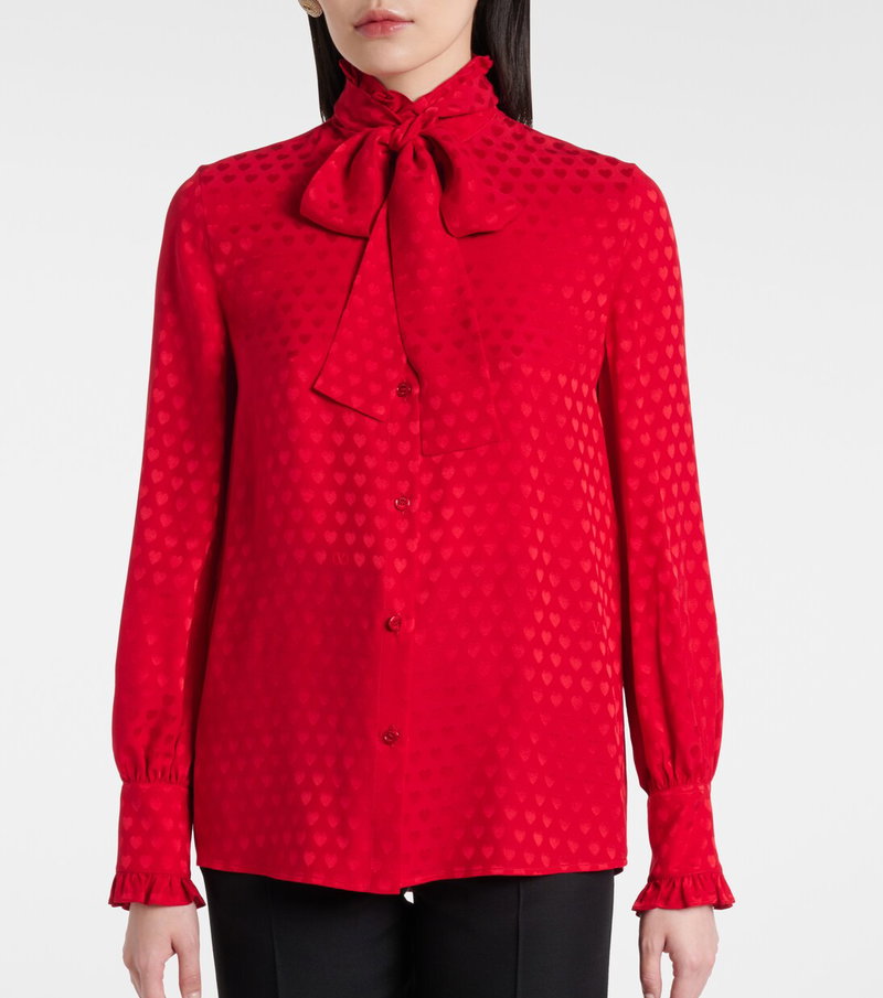 Valentino red silk blouse with heart print and bow tie