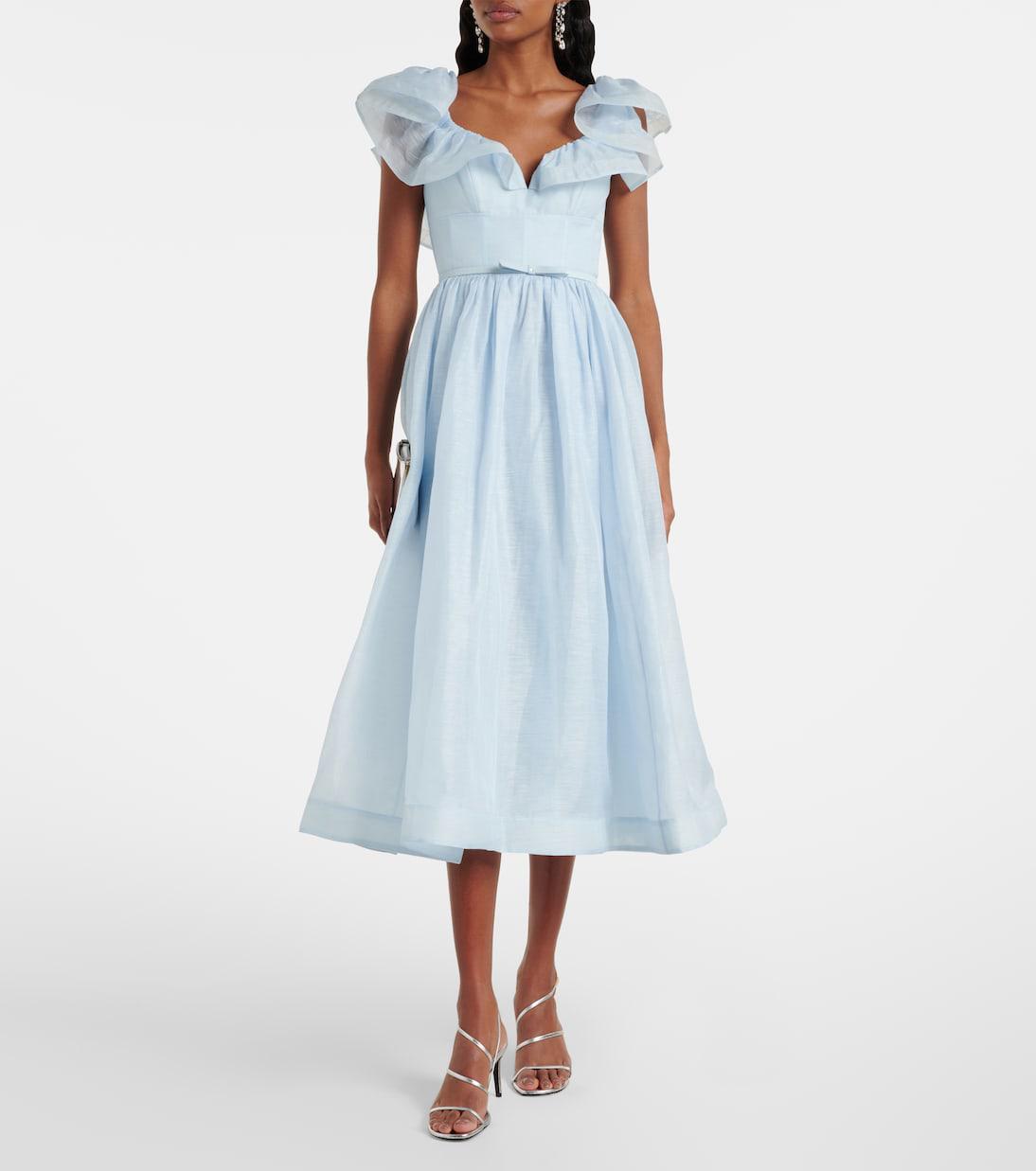 zimmermann dawning floral linen and silk midi dress Zimmermann Linen-Silk Corset Gown with Petal Appliqus and Sweetheart Neckline in Natural