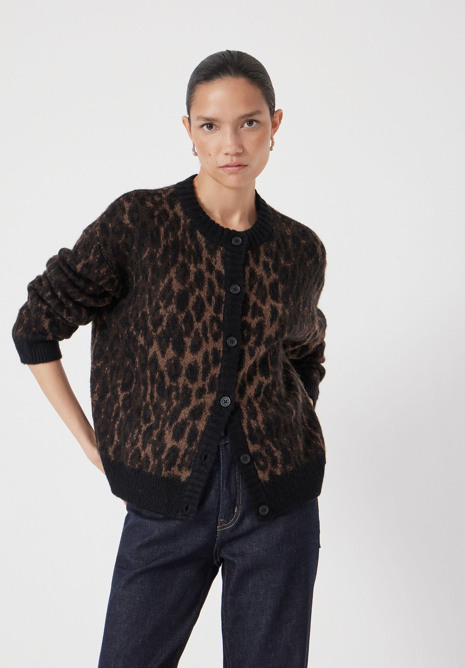 HUSH Crew Neck Animal Jacquard Cardigan With Mohair | endource
