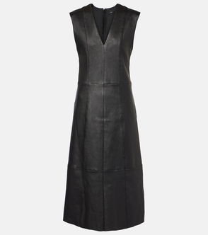 Black leather sleeveless dress with stitching