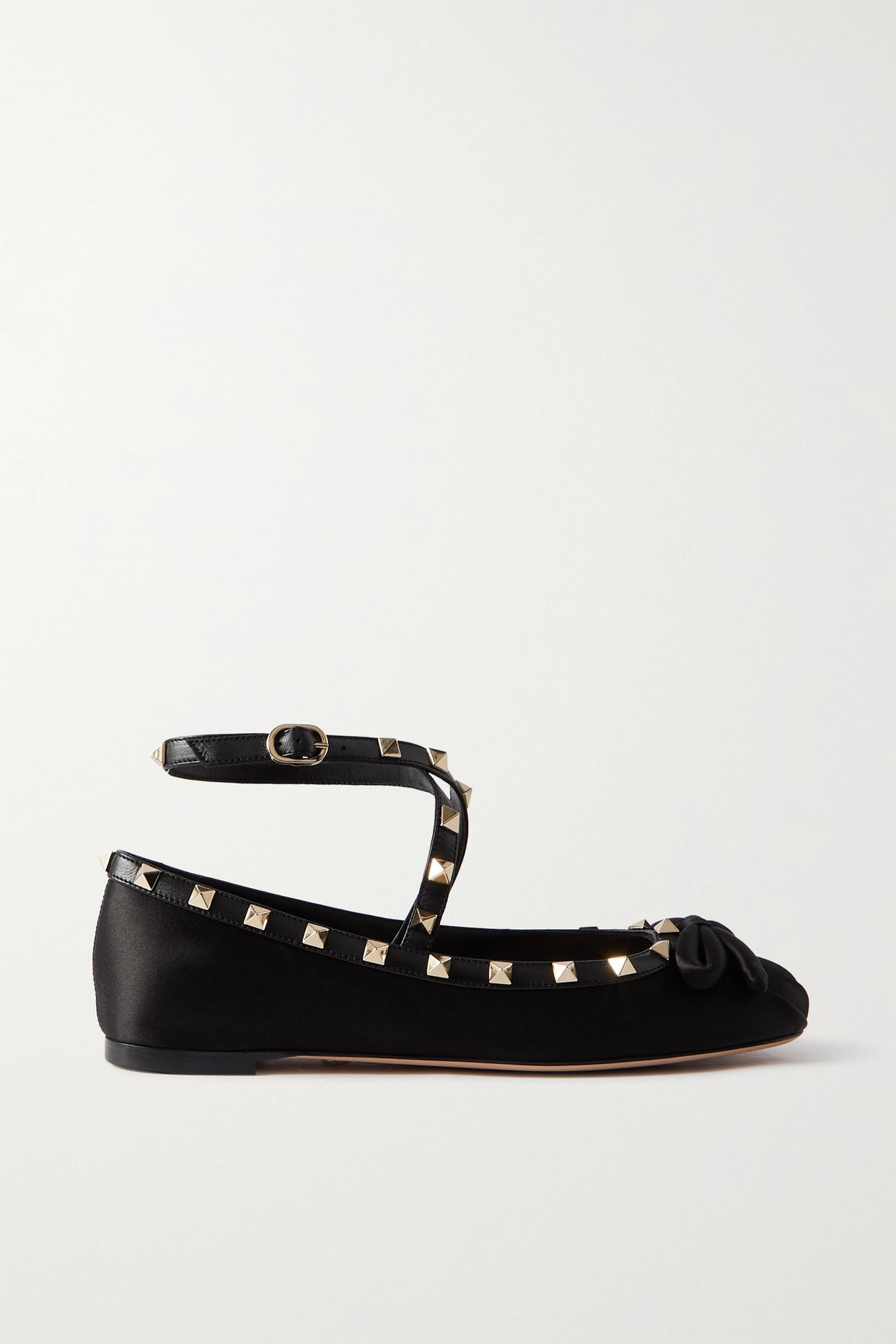 VALENTINO GARAVANI Rockstud Leather-Trimmed Satin Ballet Flats in Black ...