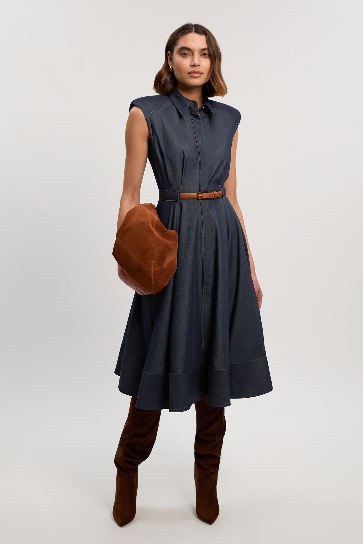 KAREN MILLEN Denim Tailored Belted Collared Full Midi Dress | endource