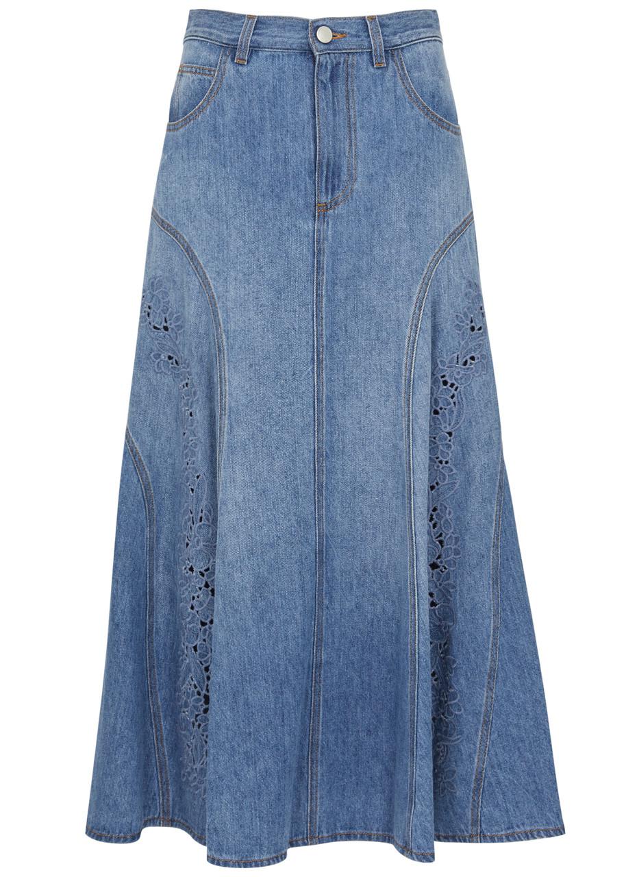 ChloÉ Cut Out Embroidered Denim Midi Skirt Endource