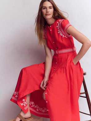 chinese dress ladies Ava Linen Blend Midi Dress-Multi, Botanical Trail