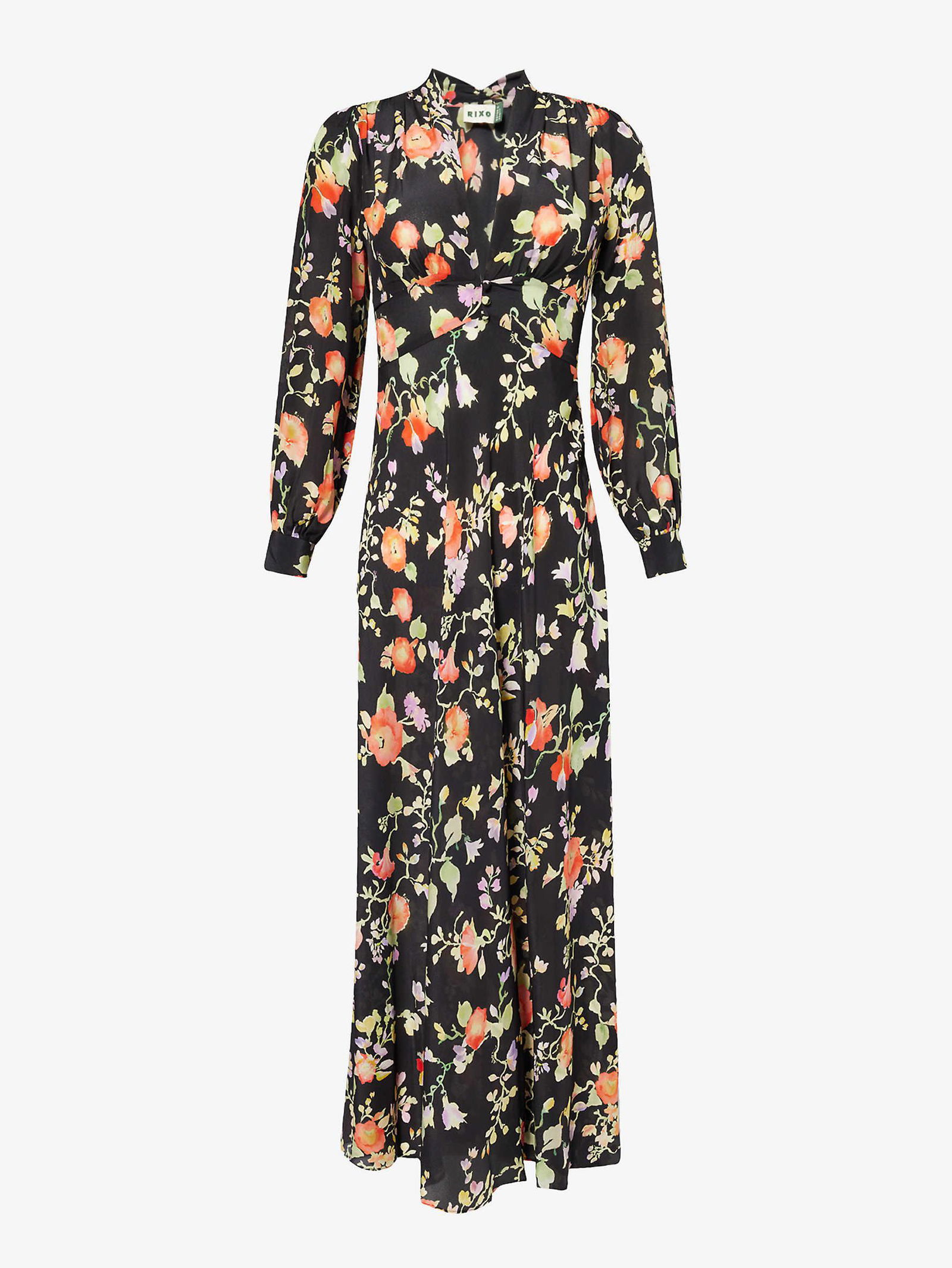 RIXO Emory Floral-Print Silk Maxi Dress in Waterblossom Noir | Endource