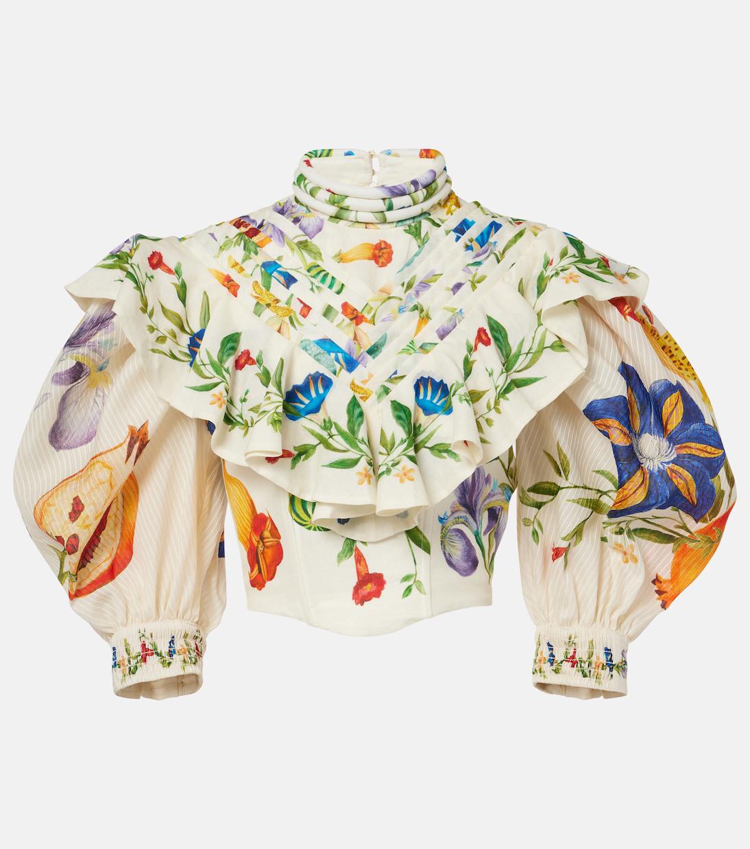Women Artsy Autumn Flower Turtleneck Ramie Blouse
