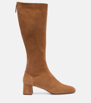 Brown suede knee-high boot with a block heel