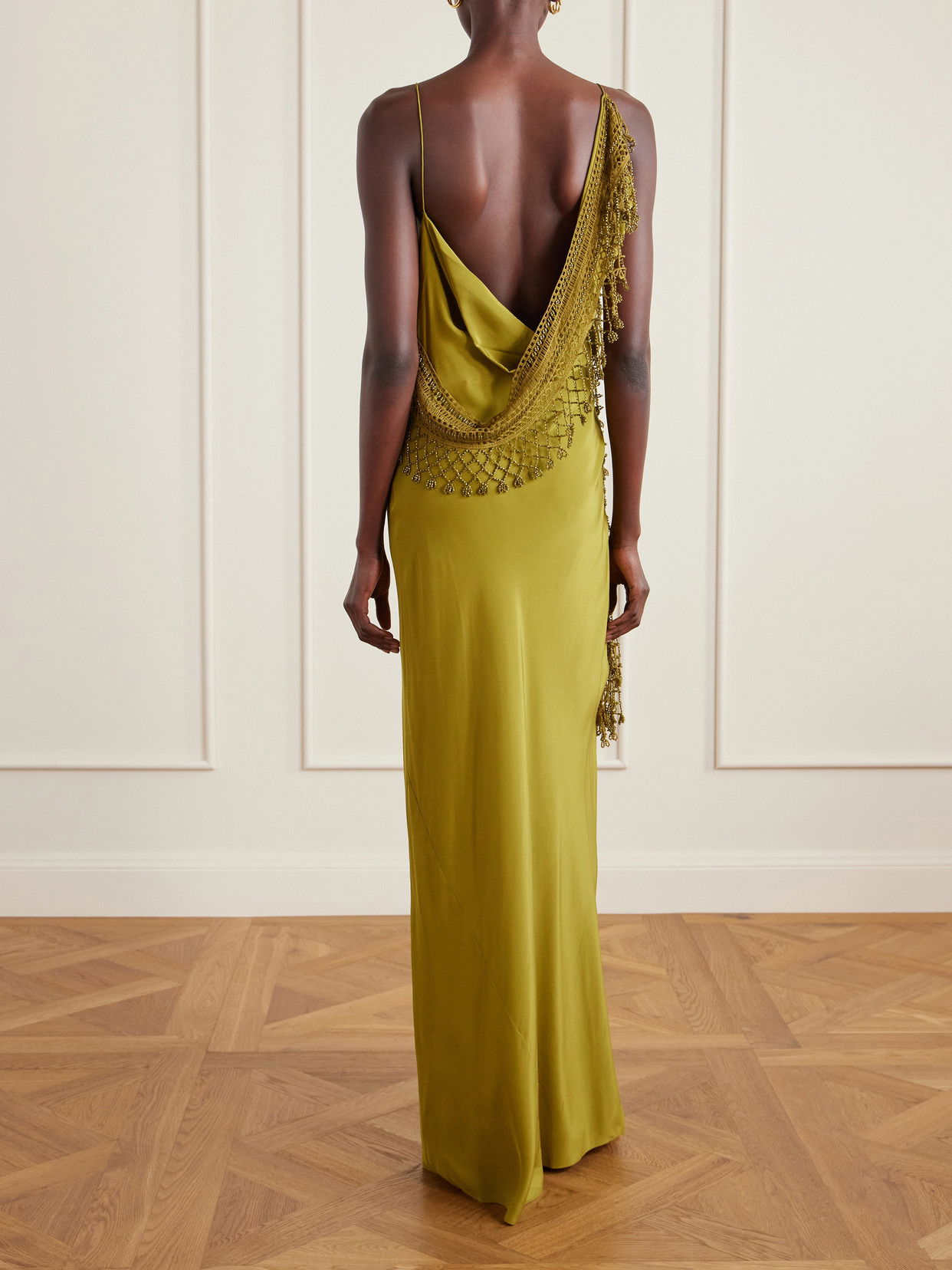 christopher esber beaded dress Crocheted-Trimmed Silk-Satin Maxi With a high neckline