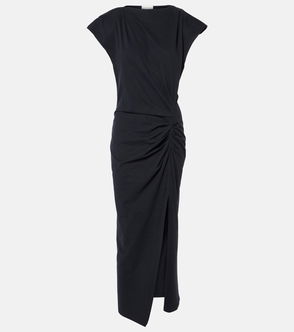 Dark navy midi dress with a draped, twisted detail.