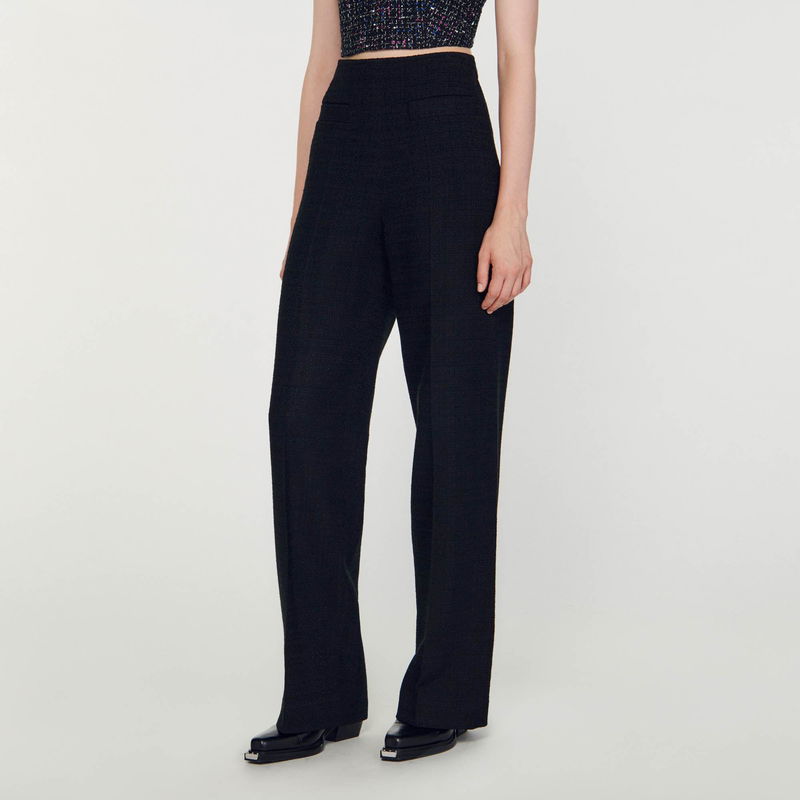 Black wide-leg trousers with silver hardware, SANDRO