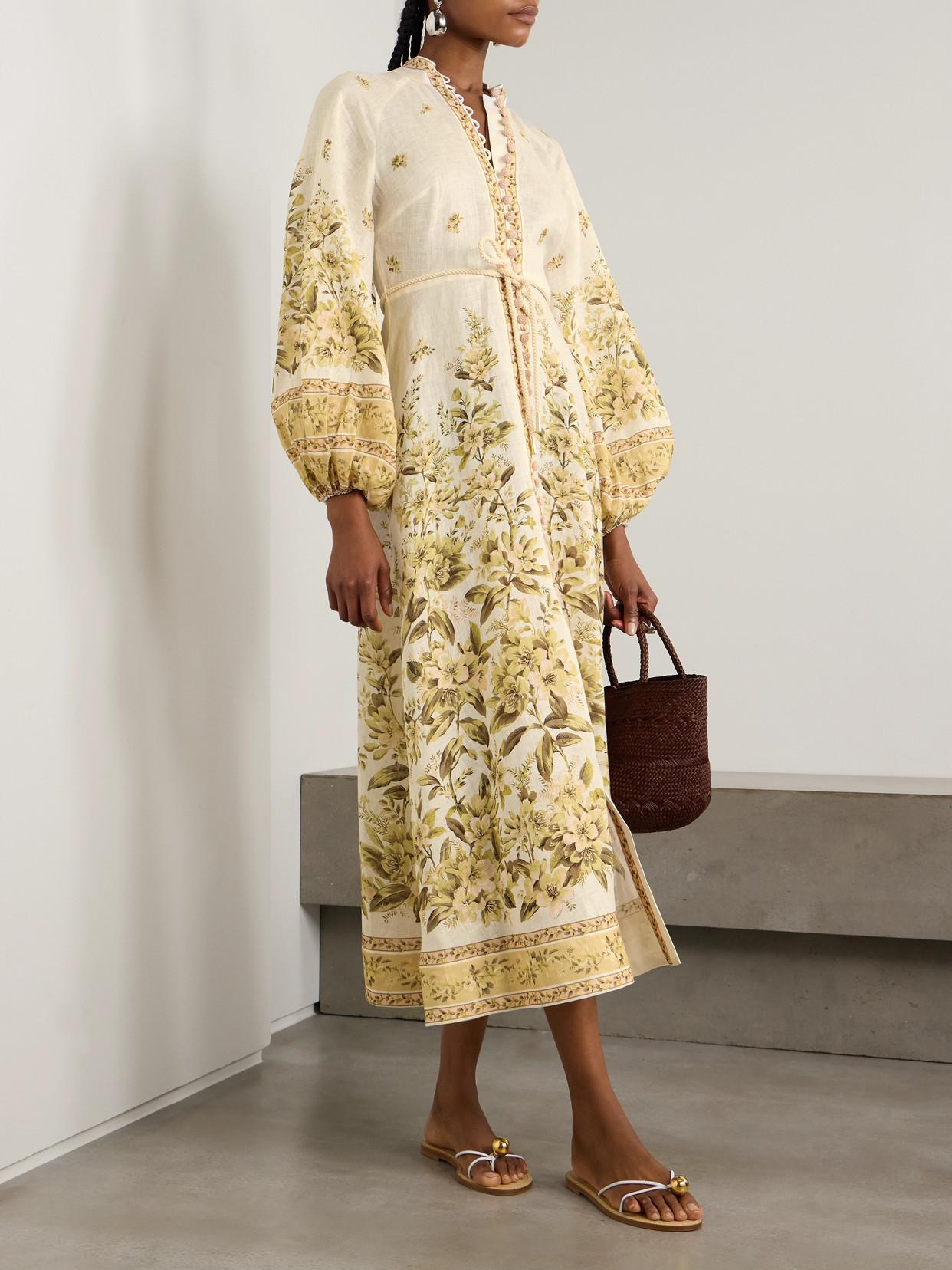 ZIMMERMANN Golden Belted Floral Linen Midi Dress | endource