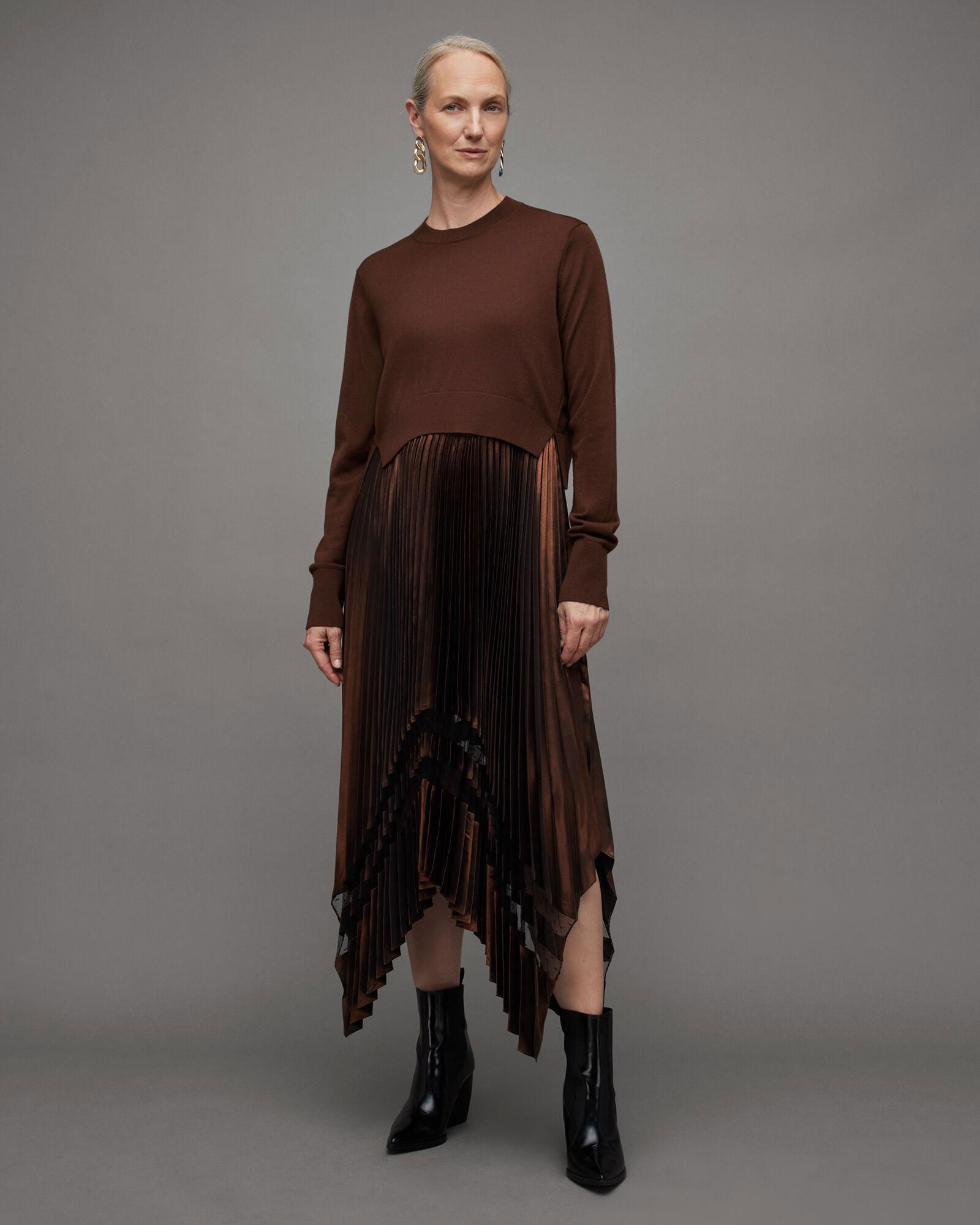 allsaints-nadia-2-in-1-metallic-foil-pleated-dress-in-pale-cacao-black