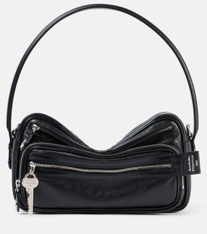 Black leather shoulder bag with silver hardware and key ring.