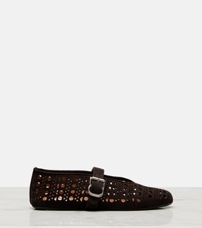 Dark brown suede ballet flat with cut-out detailing and silver buckle.
