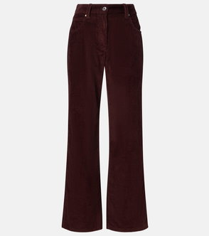 Dark brown corduroy trousers with a wide leg and button closure.