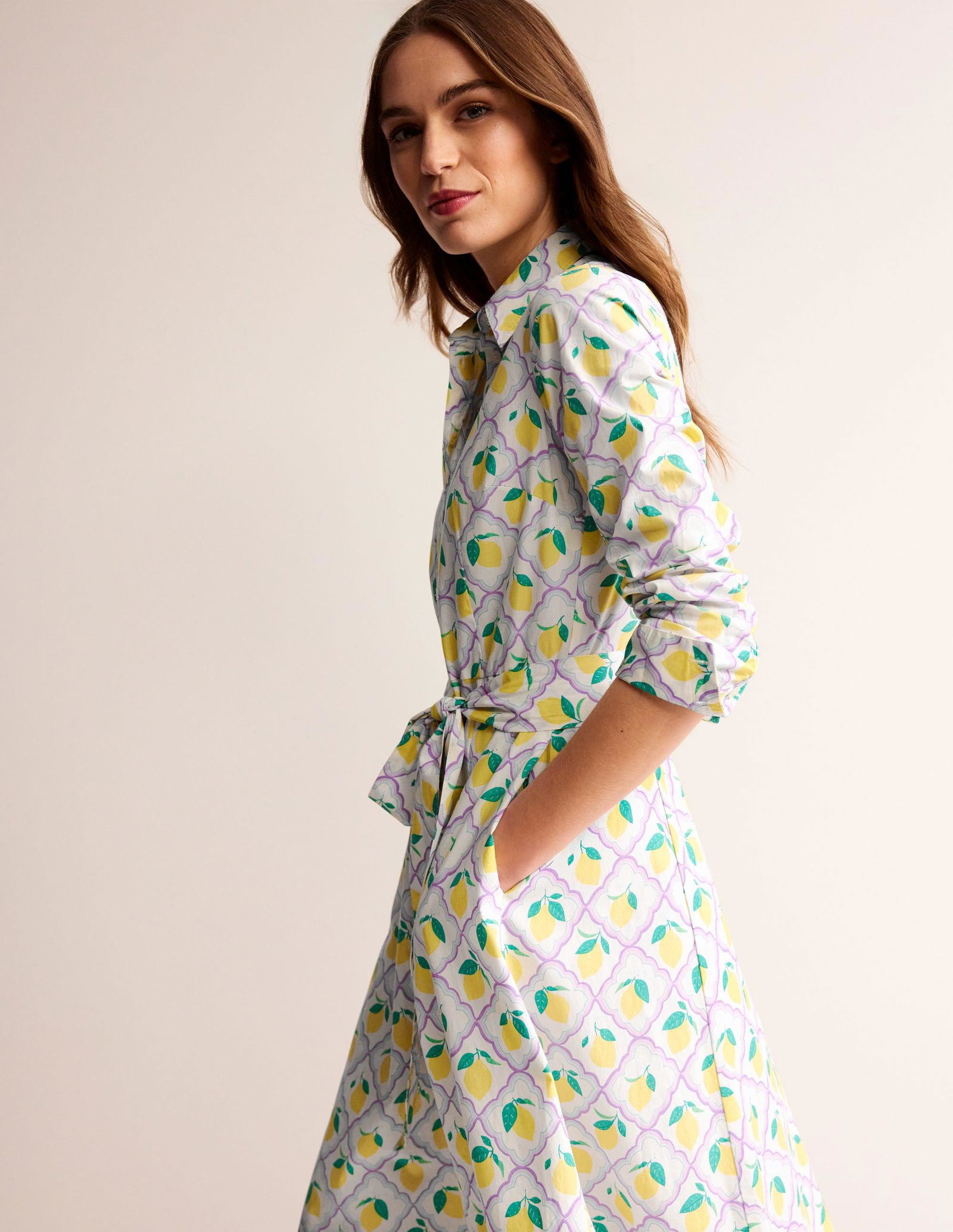 knee length dresses for ladies Amy Cotton Midi Shirt Dress-Multi, Painterly Meadow