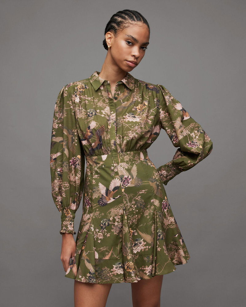 ALLSAINTS Keeley Peggy Floral Print Mini Dress in Khaki Green | Endource