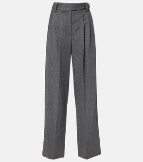 Grey wool trousers with pleats and a metal buckle.