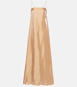 Gold satin slip dress with thin straps