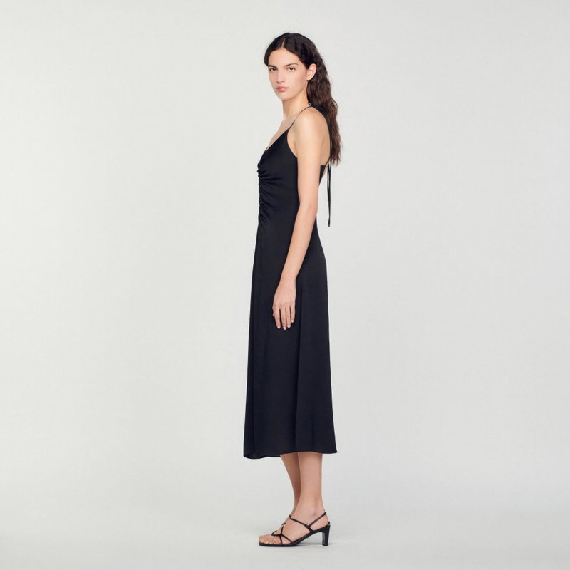 Black satin midi dress with spaghetti straps