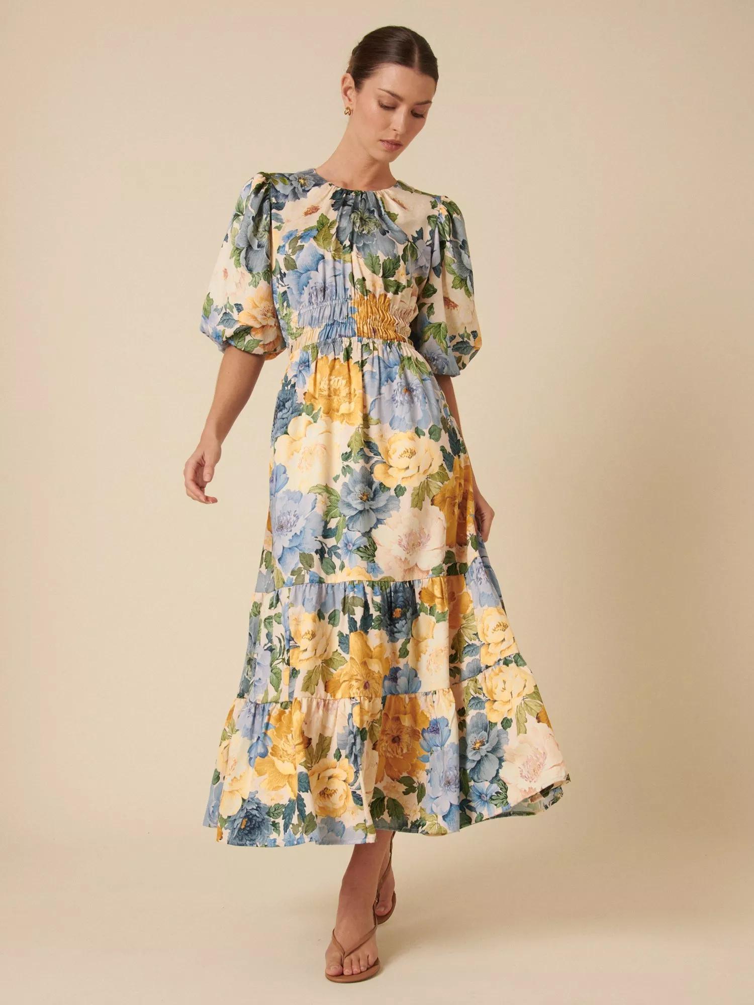 green emerald velvet dress Miss Circle Women's Jacinda Floral Print Ruched Breast Linen Midi Dress - Green main image 1