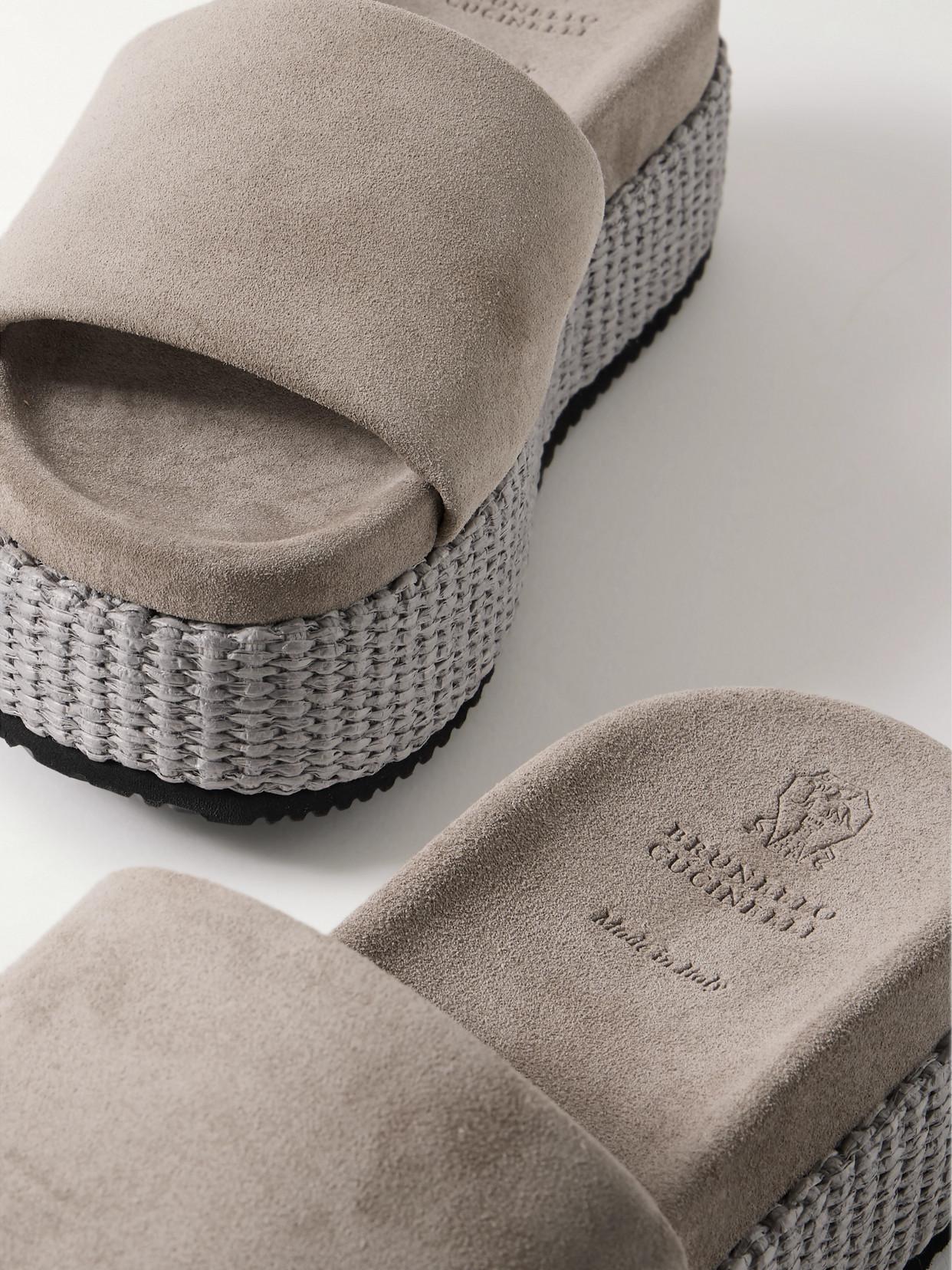 Brunello Cucinelli Suede & Raffia Espadrille, Grey Brunello Cucinelli Suede Espadrille Wedge Sandals - Bergdorf  main image 4