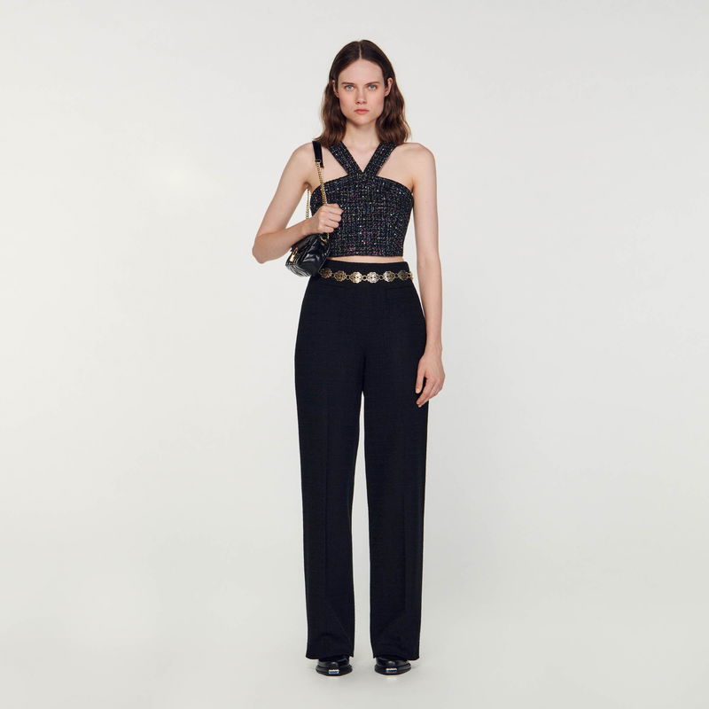 Sandro black tweed halter top with chain belt and trousers