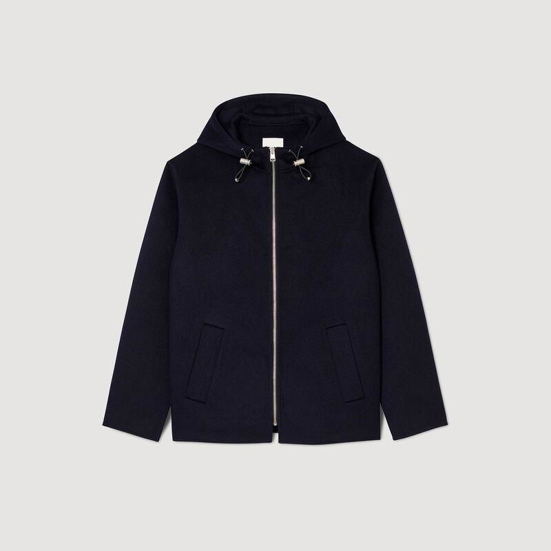 Navy wool hooded jacket with silver drawstrings