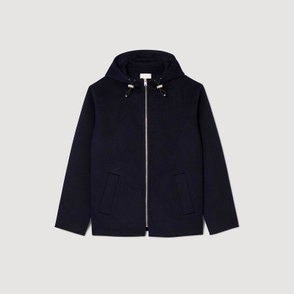 Navy wool hooded jacket with silver drawstrings
