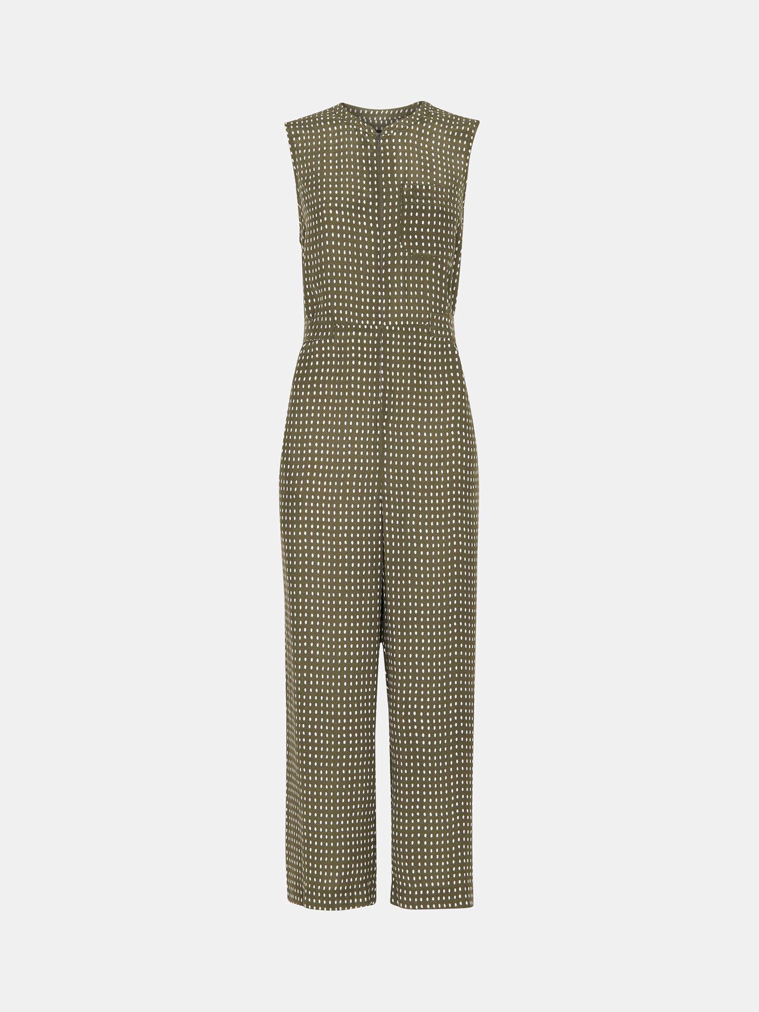 WHISTLES Josie Oval Spot Print Jumpsuit in Khaki/White Endource