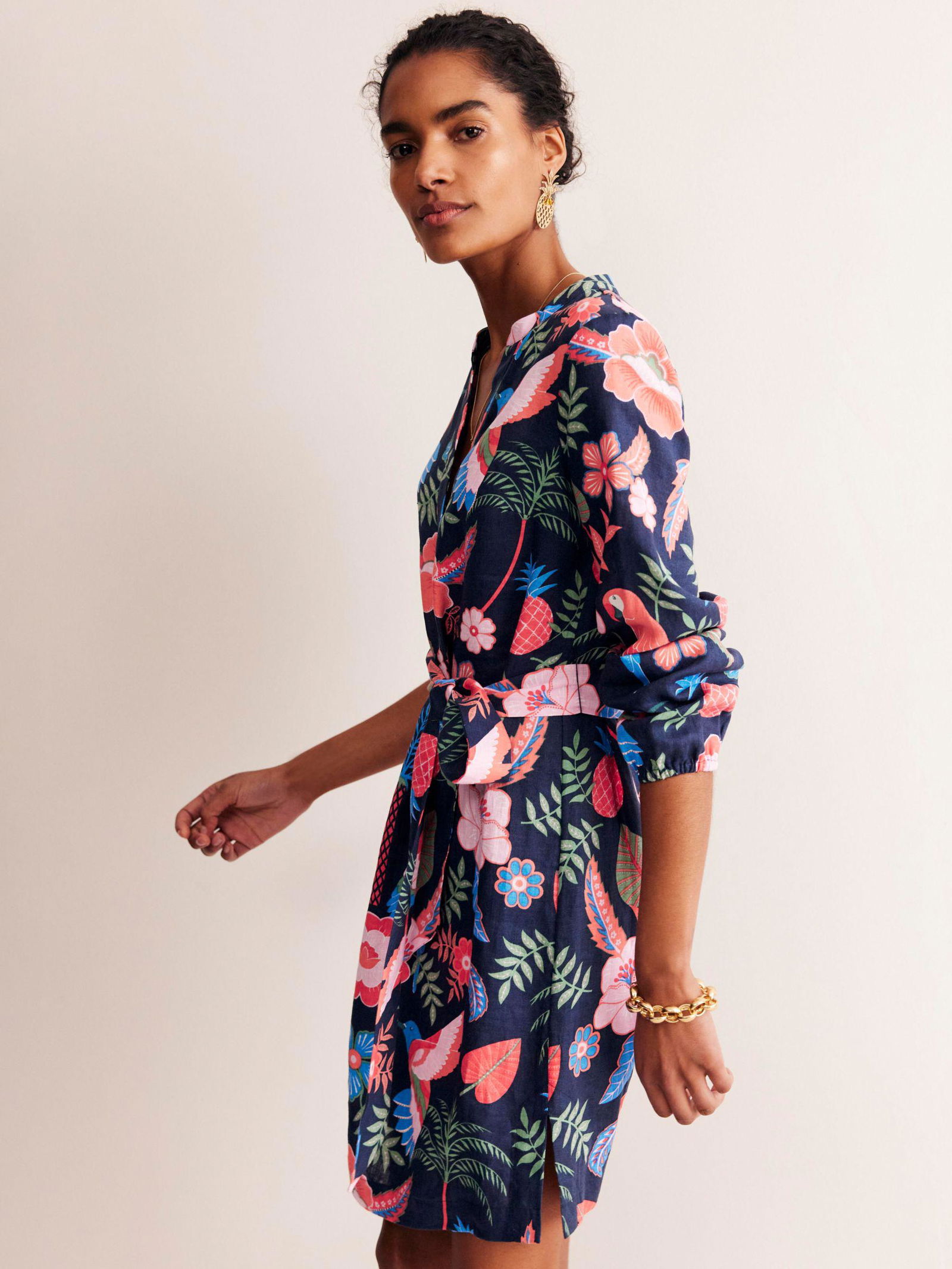 BODEN Cleo Linen Tie Waist Tropic Parrot Dress | endource