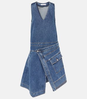 Blue denim dress with asymmetrical hem and pocket detail