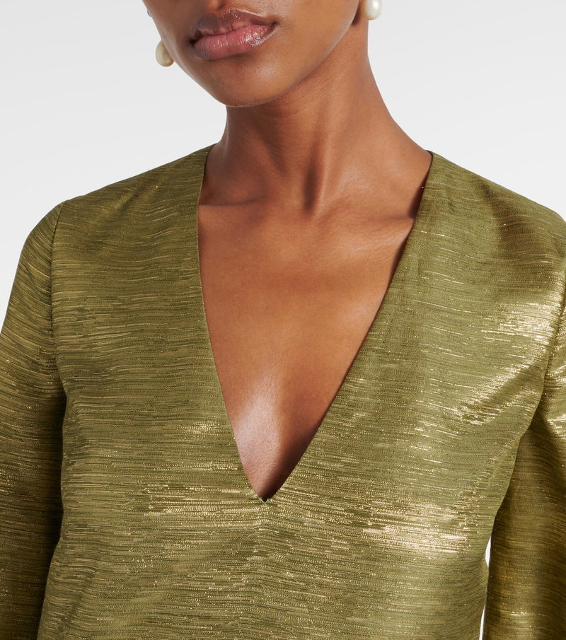 Olive gold velvet dress with a deep V-neck.