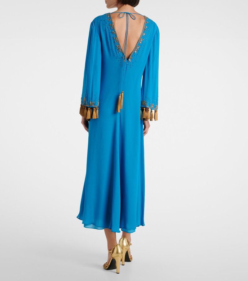 Valentino blue silk dress with beaded embellishments and tassels