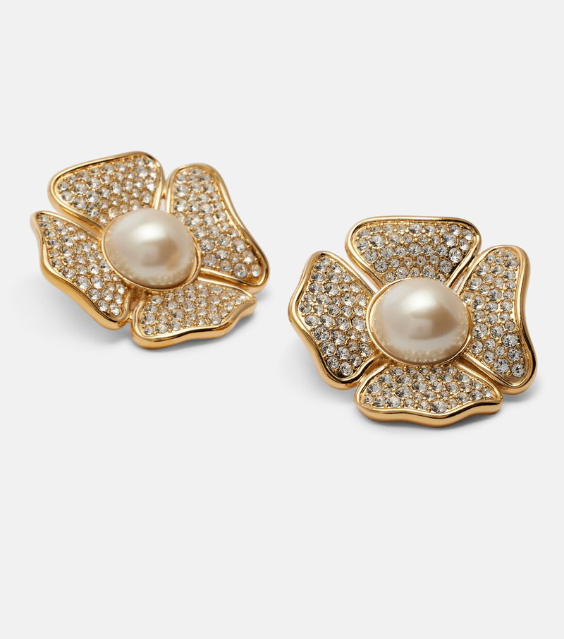 Gold and crystal flower earrings with pearl centers.