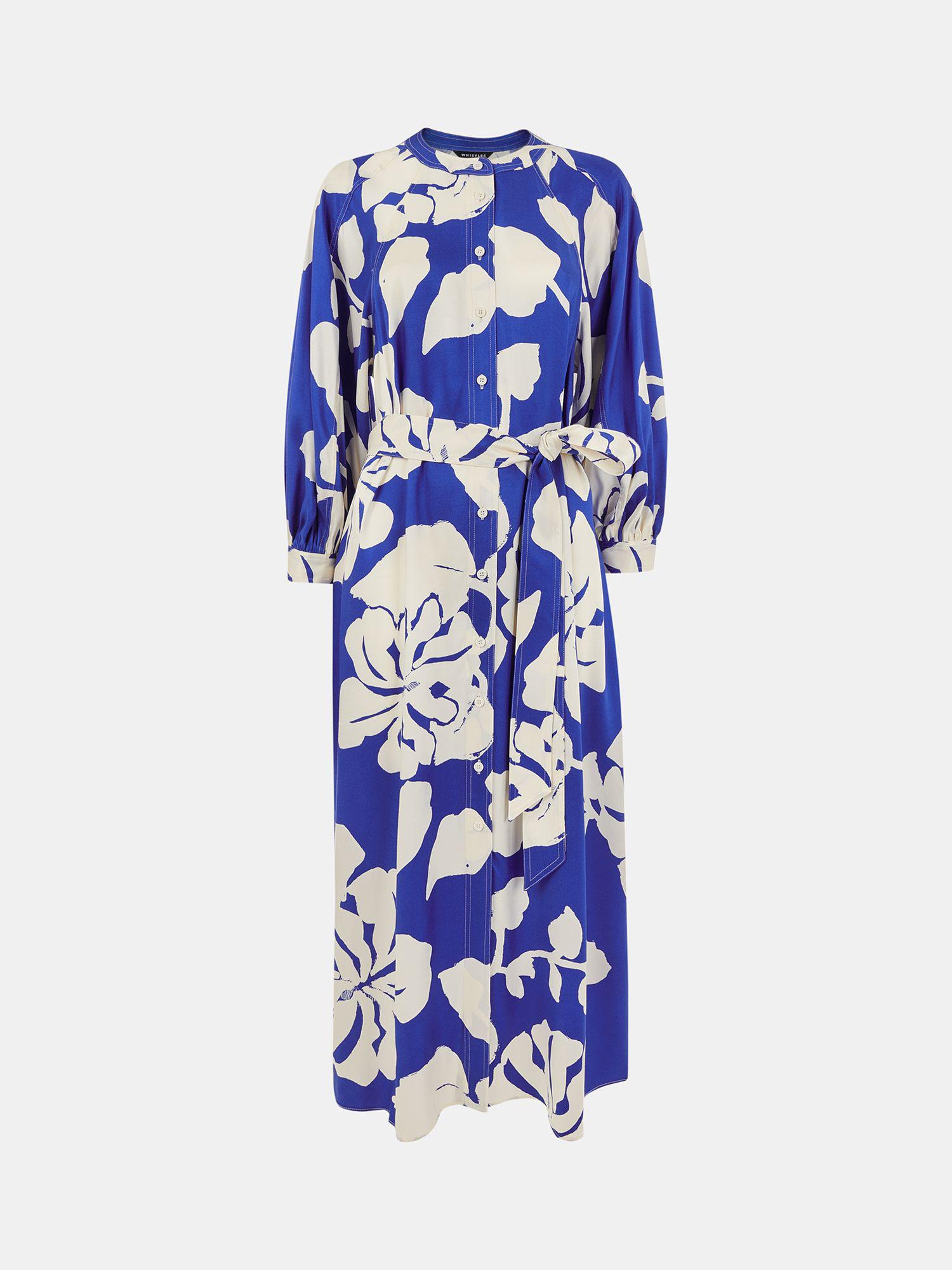 WHISTLES Mabel Hawaiian Print Satin Midi Shirt Dress in Blue/Multi