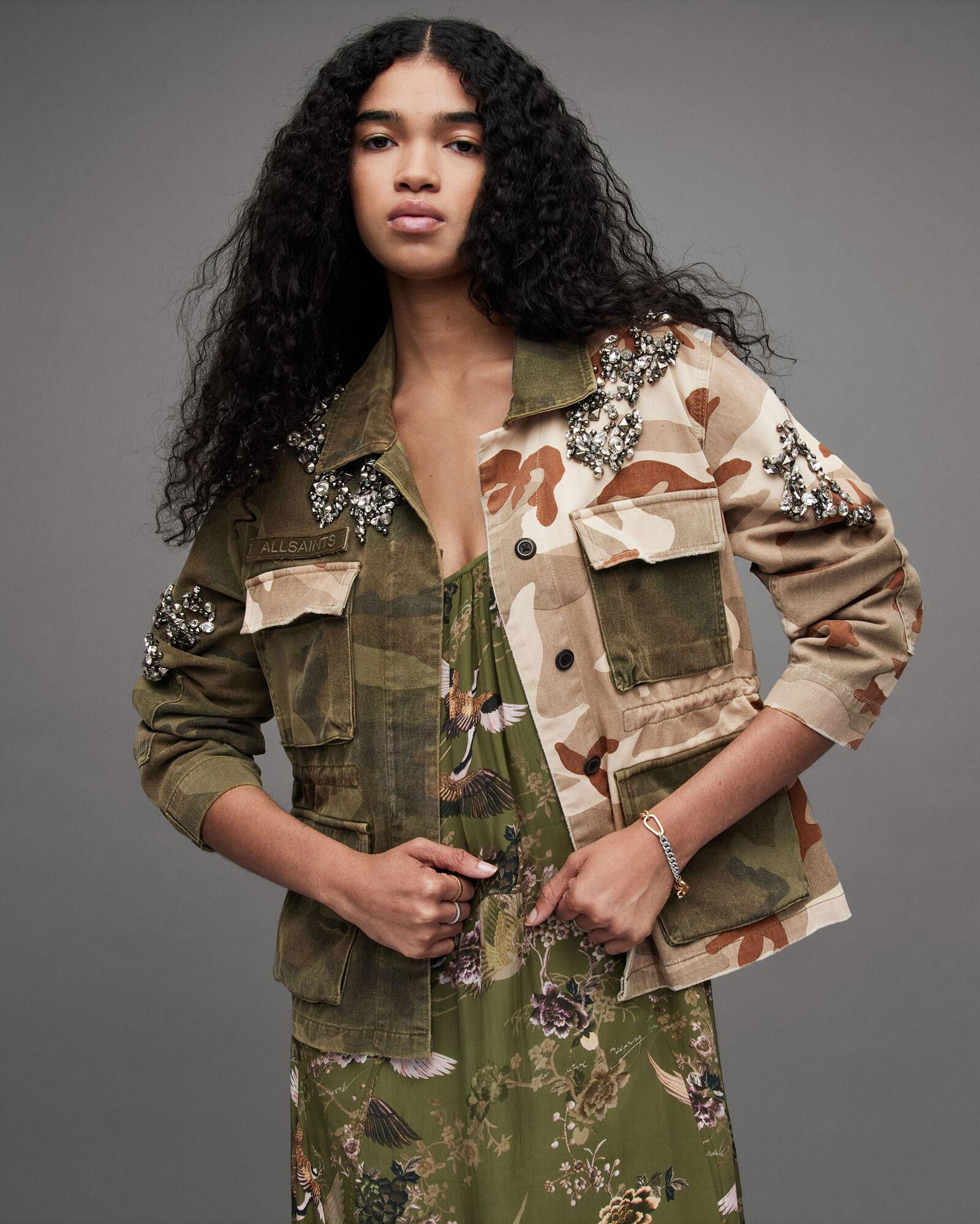 ALLSAINTS Finch Camo Embellished Denim Jacket endource