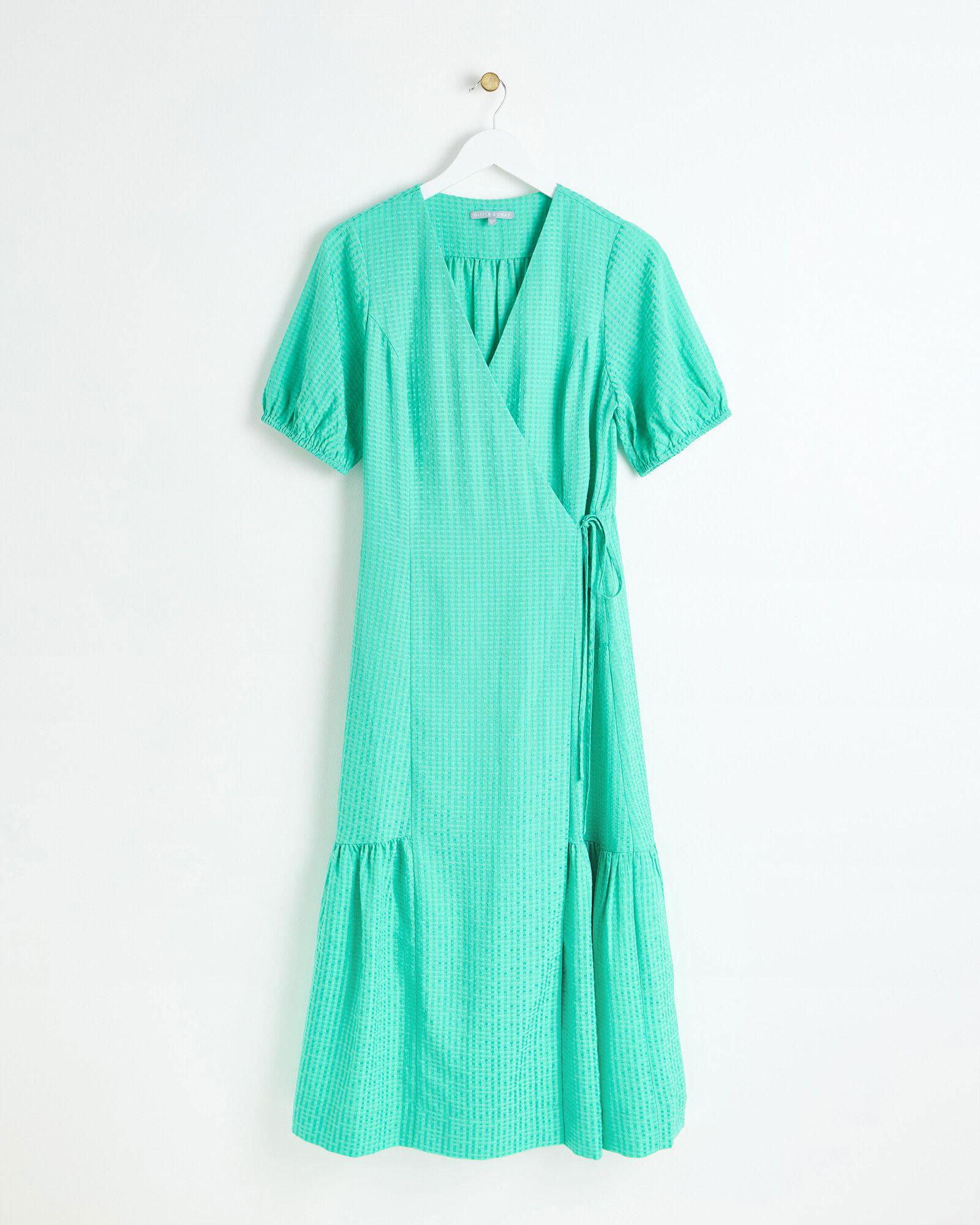 Oliver Bonas light green white linen blend midi off shoulder dress medium UK 12 vgc