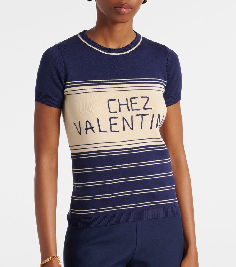 Navy and cream striped knit sweater with Chez Valentino lettering