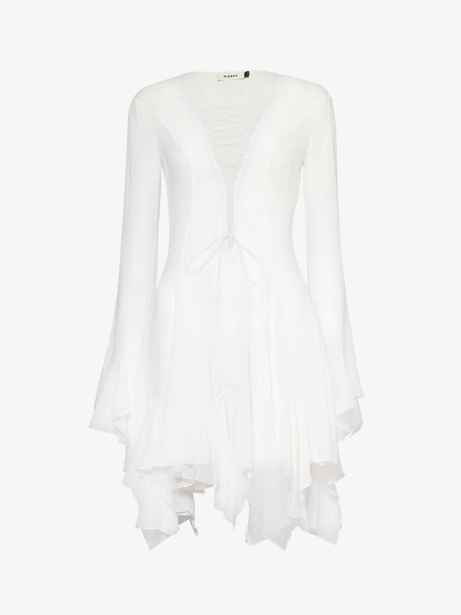 MISBHV Plunge-Neck Ruffle-Hem Chiffon Mini Dress | endource MISBHV Plunge-Neck Ruffle-Hem Chiffon Mini Dress | endource