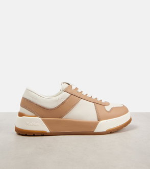 Beige and cream leather sneakers with white sole and rope laces.