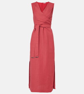Red linen wrap dress with a tie belt