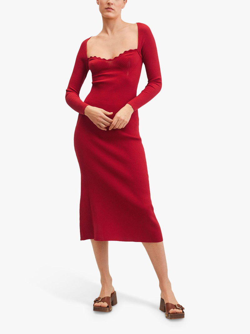MANGO Ribbed Sweetheart Neck Knitted Midi Dress | endource